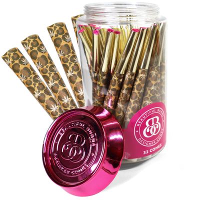 Beautiful Burns Cones Rolling Paper Lady Leopard Pre Rolled Cones - 32 Count Jar of 98mm Long Rolling Papers With Foil Tips - Ultra Thin For A Smooth Burn