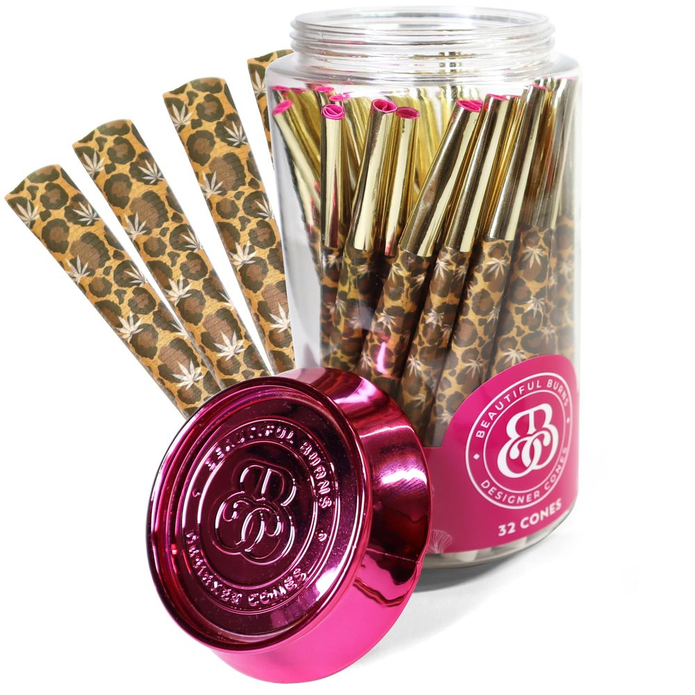 Beautiful Burns Cones Rolling Paper Lady Leopard Pre Rolled Cones - 32 Count Jar of 98mm Long Rolling Papers With Foil Tips - Ultra Thin For A Smooth Burn