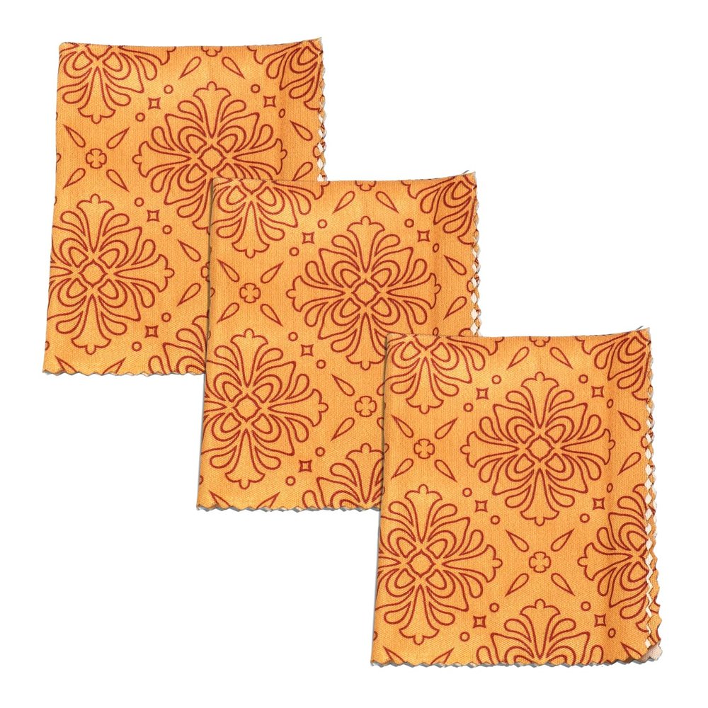 Calabria 3 Pack Microfiber Cleaning Cloth Orange Geometric Floral Motif Cleans Eyeglass Lens TV Phone Screen Camera Sunglass