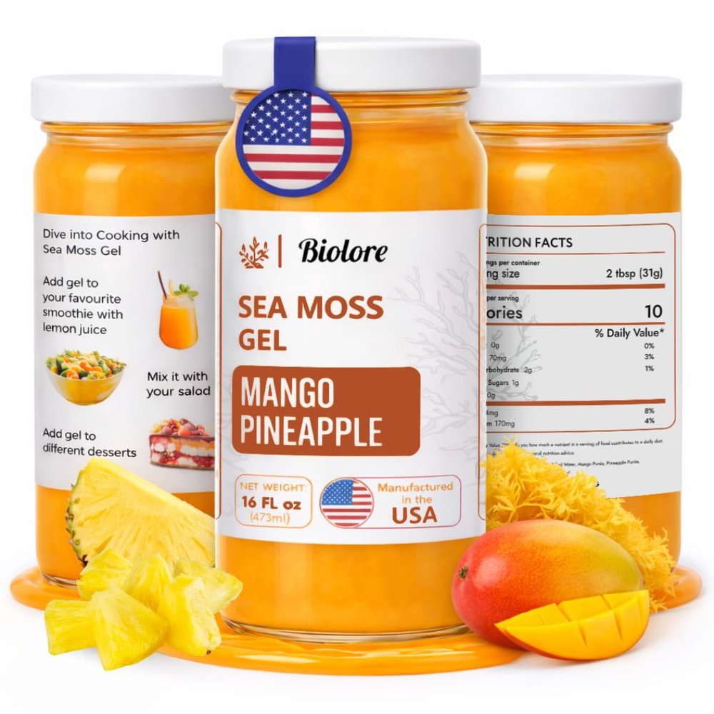 Biolore Wildcrafted Sea Moss Gel - Mango Pineapple 16 oz - Flavored Sea Moss Gel with Essential Vitamins & Trace Minerals - Vegan Superfood - Made in USA, Gluten-Free, No Added Sugar