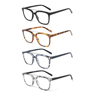 100 CLASSIC 4-Pack Blue Light Blocking Reading Glasses for Men Women Stylish Metal Bridge Readers with Comfort Spring Hinges Anti Glare UV Filter Eyeglasses (2.50+)