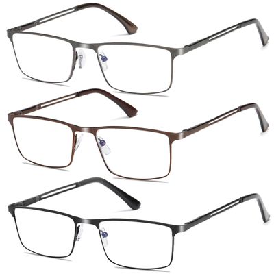 3 Pack Blue Light Blocking Reading Glasses for Men With Spring Hinge Metal Full Frame Lightweight Readers Classic Trend A +3.5