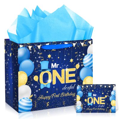 Yoirrat Blue Mr. Onederful Birthday Decorations Large Navy Blue Gold Happy First Birthday Gift Bags with Card Bday Wrapping Papers for Boys Newborn Baby Shower Christmas 1st Bday Party Supplies