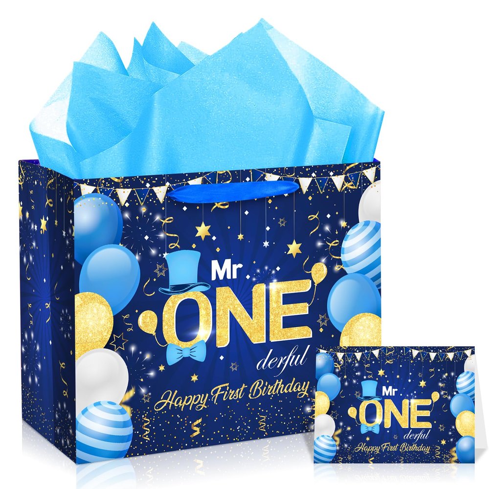 Yoirrat Blue Mr. Onederful Birthday Decorations Large Navy Blue Gold Happy First Birthday Gift Bags with Card Bday Wrapping Papers for Boys Newborn Baby Shower Christmas 1st Bday Party Supplies