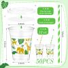 FoldTier 50 Pcs Jungle Safari Animals Cups Disposable Plastic Cup 12 oz Golden Green mugs Thick Wild Theme Clear Mugs Lids Straws Birthday Party Supplies Birthday Party Favor Table Decorations view 3