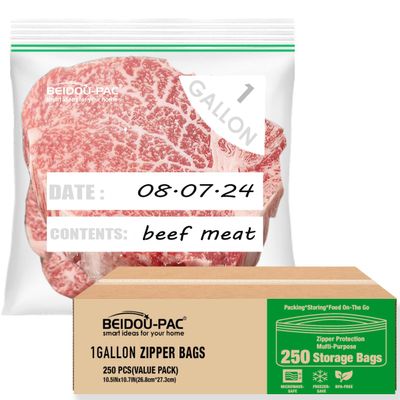 BEIDOU-PAC Gallon Food Storage Freezer Bags, 250 Count | Double Zipper | 10.5" * 10.7", Freshness Easy Open Reclosable Clear Plastic Bags