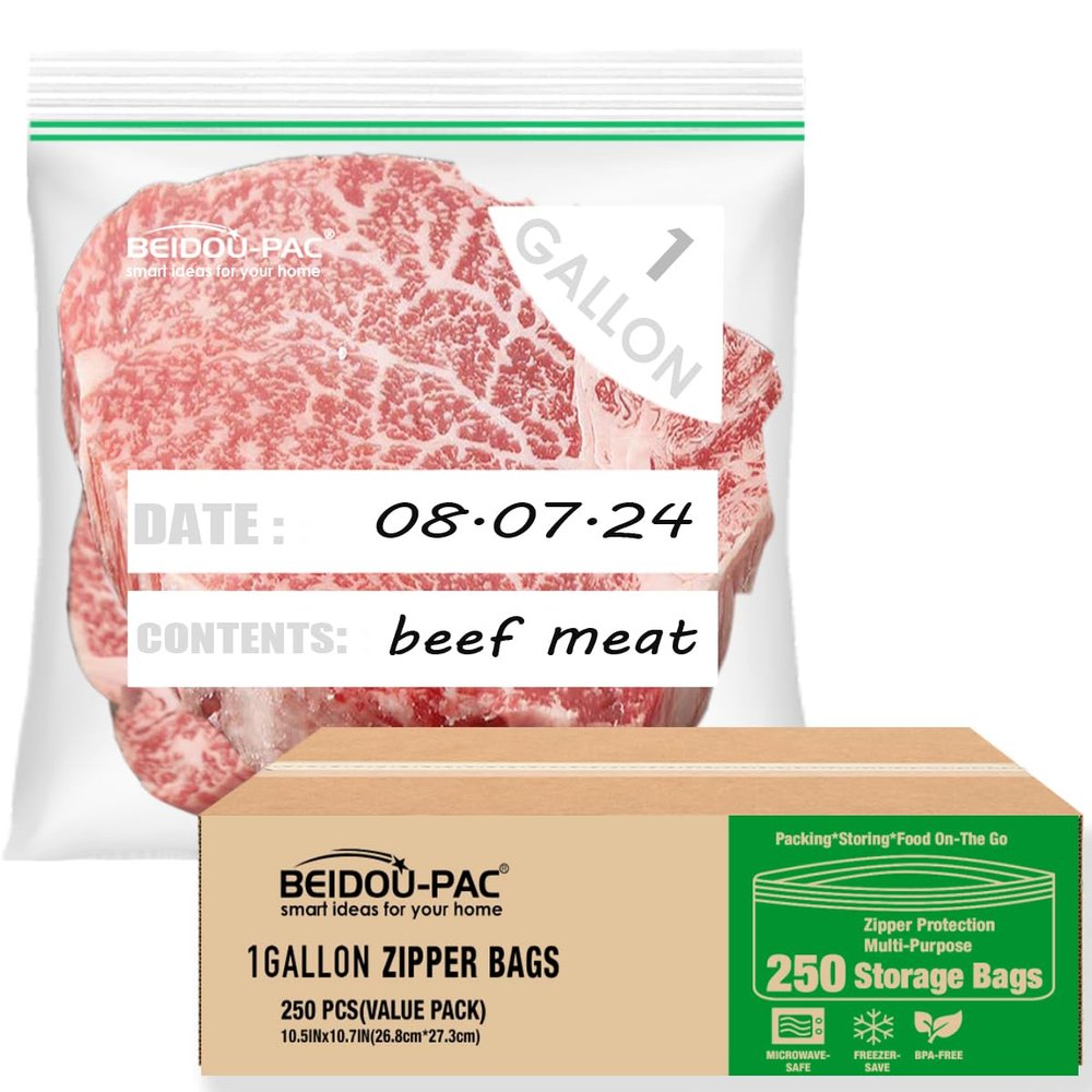BEIDOU-PAC Gallon Food Storage Freezer Bags, 250 Count | Double Zipper | 10.5" * 10.7", Freshness Easy Open Reclosable Clear Plastic Bags