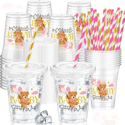 FoldTier 50 Pcs Baby Shower Party Supplies Disposable Plastic Cup 12 Oz Pink Cups Bear Thick Clear Cup Lids Straws Baby Shower Pink Table Decorations Party Favors