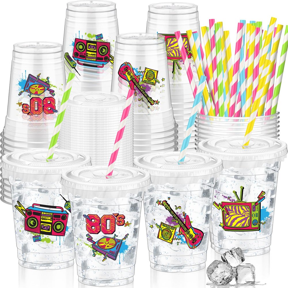 FoldTier 50 Pcs 80's Party Cups Disposable Plastic Cup 12 Oz G Back to 80s mugs Thick 80s Theme Clear mug Lids Straws Retro Music Party Supplies Throwback Dance Birthday Favor Table Decorations