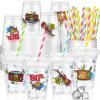 FoldTier 50 Pcs 80's Party Cups Disposable Plastic Cup 12 Oz G Back to 80s mugs Thick 80s Theme Clear mug Lids Straws Retro Music Party Supplies Throwback Dance Birthday Favor Table Decorations view 1