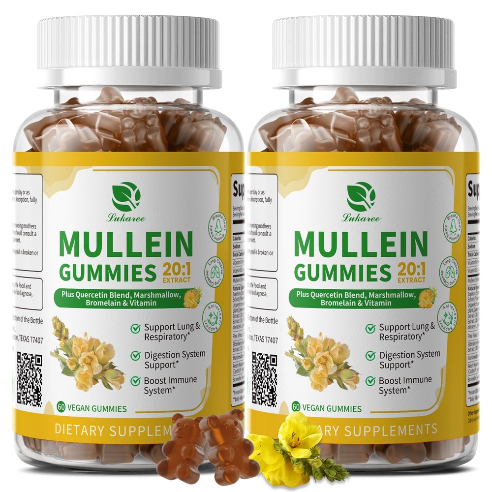 (2 Pack) 9 in 1 Mullein Gummies for Lung Cleanse & Lymphatic Drainage*, Extra Strength Mullein Leaf Extract w/Quercetin, Bromelain, Elderberry & Marshmallow for Respiratory & Immunity,Vegan,120 Count