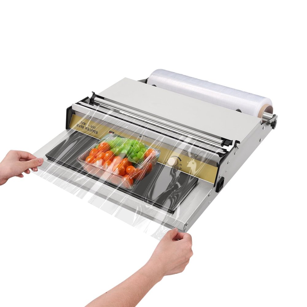 VPABES 18 Inch/45CM Hand Wrapping Machine Film Wrapper for Food Packaging, Large Tray Cling Film Wrapper Dispenser with 5-Level Adjustable Heat, Cutter and Heating Plate Individual On/Off Control