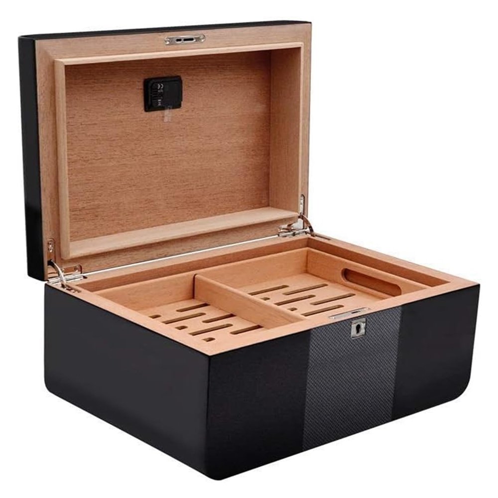 Cigar Humidor 2-Layers Cigar Cabinet with Hygrometer and Humidifier Black Classic Humidor for Club Home