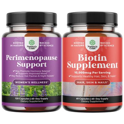 Bundle of Perimenopause Supplement for Women -Multibenefit Menopause Relief for Women 120ct and Pure Biotin Pills for Women Men - Stop Hair Loss Thinning Natural Supplement for Shiny Thick Hair Growth