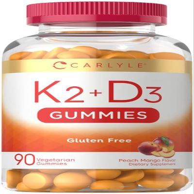 Carlyle Vitamin D3 K2 Gummies | 90 Count | 5,000 IU of D3 + 100 mcg MK7 | Peach Mango Flavor | Vegetarian, Non-GMO, and Gluten Free Supplement