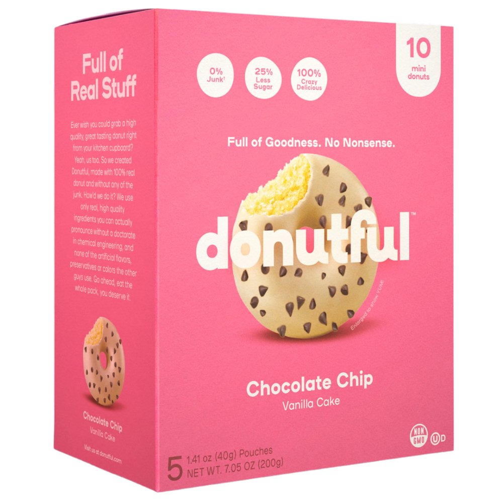 Donutful Chocolate Chip Mini Donuts Snack Pack - Premium Super Donuts with Less Sugar, No Artificial Colors or Flavors, OU-Certified Kosher - Perfect Pastry Snacks - 10 Donuts