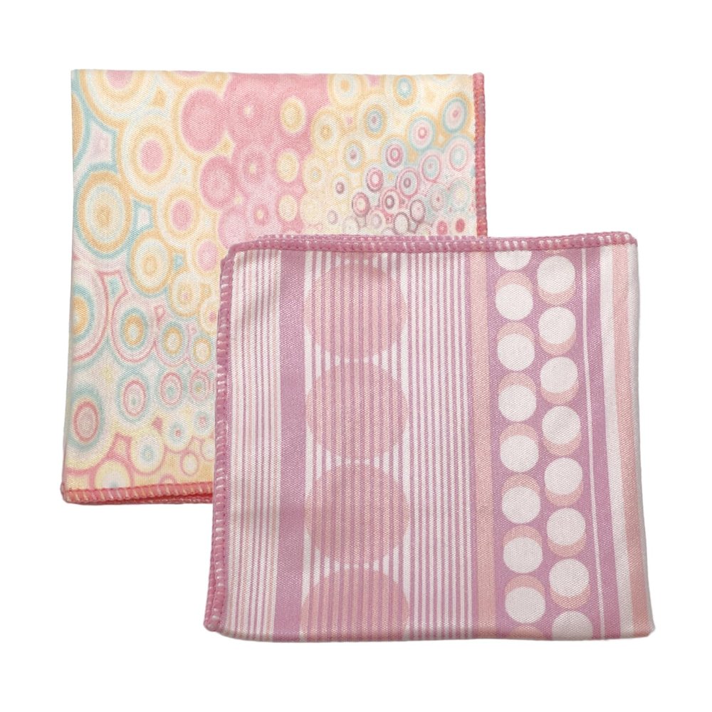Calabria 2 Pack Microfiber Cleaning Cloth Pink Purple Lines/Pink Yellow Circles Cleans Eyeglass Lens TV Phone Screens Camera