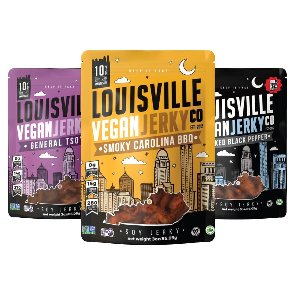 Louisville Vegan Jerky, Variety Pack  3 Pack Includes Smoky Carolina BBQ, Smoked Black Pepper, General Tso - Non-GMO Soy Protein  Gluten-Free Ingredients, High Protein Vegan and Vegetarian Meat Jerky Snacks (3 oz, 3-Pack)