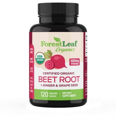 ForestLeaf USDA Organic Beet Root Capsules - Beetroot Supplement 1000mg 20:1 Extract w/Ginger Grape Seed - Support Blood Pressure, Nitric Oxide, Flow, Circulation - Made in USA - 120 Caps
