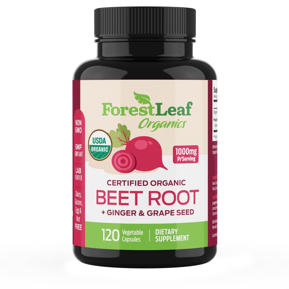 ForestLeaf USDA Organic Beet Root Capsules - Beetroot Supplement 1000mg 20:1 Extract w/Ginger Grape Seed - Support Blood Pressure, Nitric Oxide, Flow, Circulation - Made in USA - 120 Caps