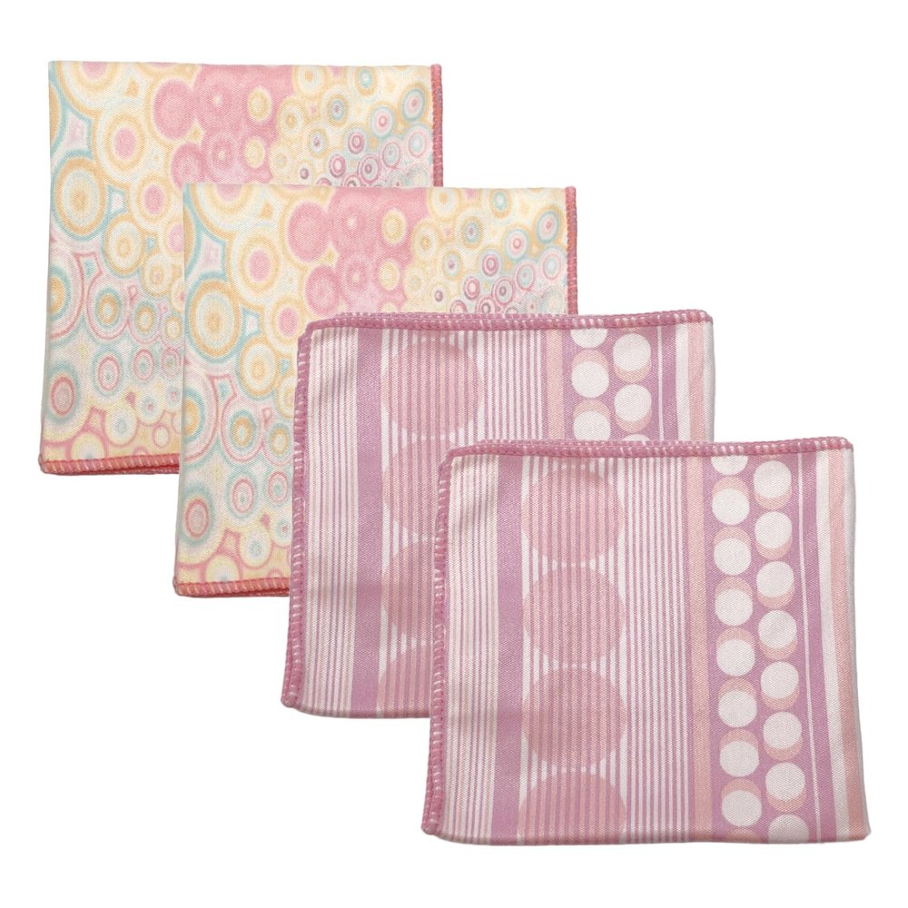 Calabria 4 Pack Microfiber Cleaning Cloth Pink Purple Lines/Pink Yellow Circles Cleans Eyeglass Lens TV Phone Screens Camera