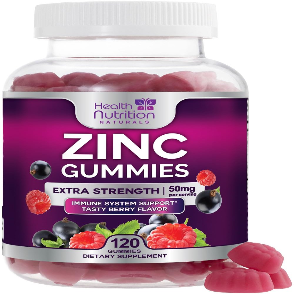 Zinc Gummies 50mg - Extra Strength Immune Support Antioxidant Gummy, Vegan, Non-GMO & Gluten Free - Best Zinc Supplement for Skin Bone & Heart Health - Chewable Tasty Berry Flavor - 120 Gummies