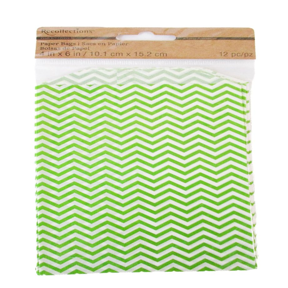 Fall Crafts Colored Chevron and Polka Dot Paper Treat Bags - 12 Count - 4 x 6 Inches (Green)