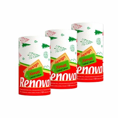 Homdkor Renova Christmas Kitchen Paper Towel 3 Jumbo Rolls 2-ply 120 Sheets- Printed Paper Rolls for Christmas Decoration Table - Use as Christmas Napkins