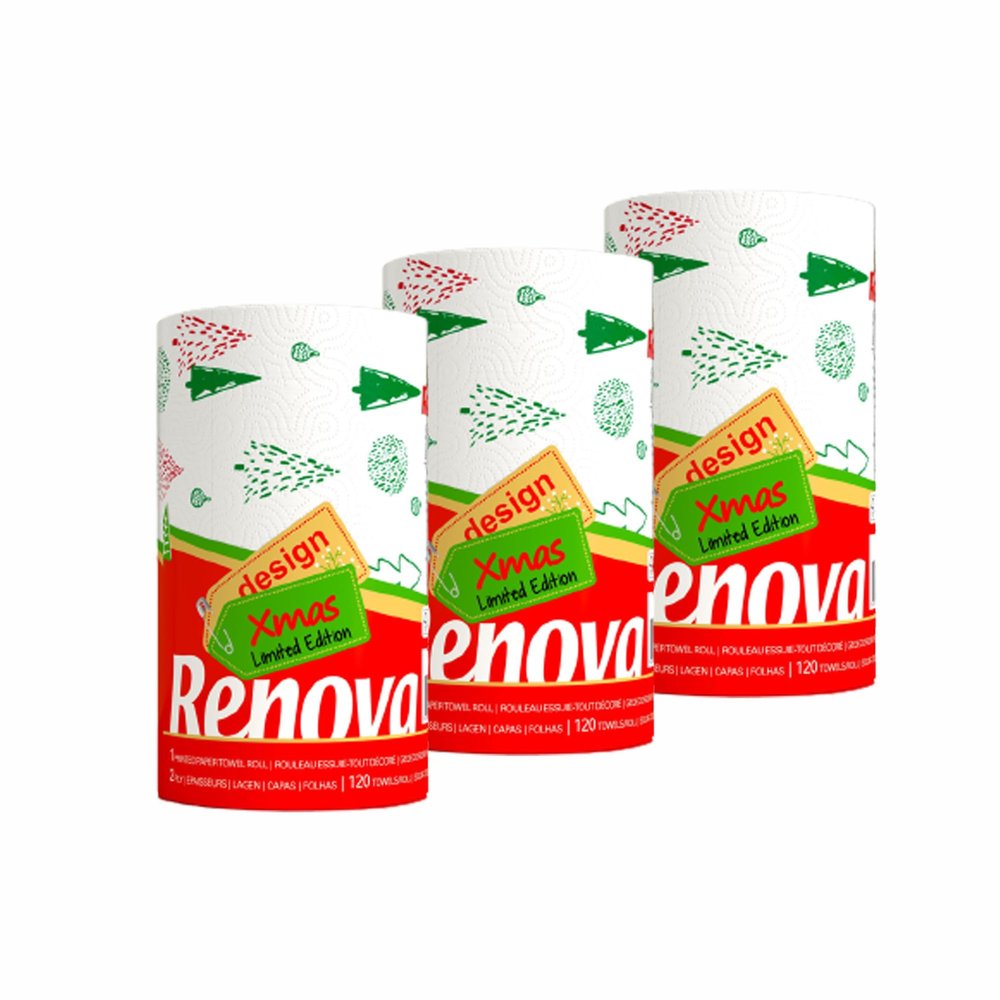 Homdkor Renova Christmas Kitchen Paper Towel 3 Jumbo Rolls 2-ply 120 Sheets- Printed Paper Rolls for Christmas Decoration Table - Use as Christmas Napkins