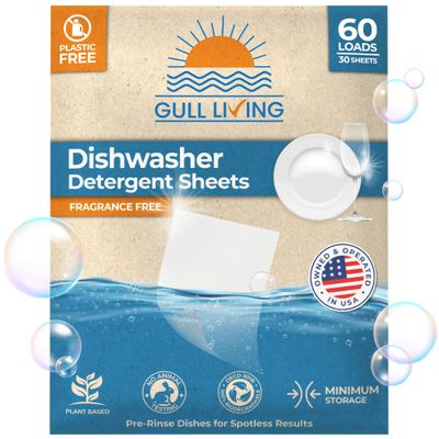 Gull living Eco-Friendly Dishwasher Detergent Sheets - Natural Dishwashing Detergent - Plant Based Dishwasher Soap Sheets - Unscented & Plastic Free Travel Size 60 Loads with sustainable Packaging.