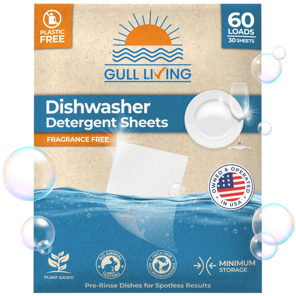 Gull living Eco-Friendly Dishwasher Detergent Sheets - Natural Dishwashing Detergent - Plant Based Dishwasher Soap Sheets - Unscented & Plastic Free Travel Size 60 Loads with sustainable Packaging.