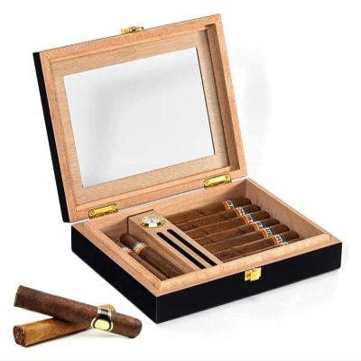 Cigar Humidor Humidor Glass Top Cigar Humidor, Humidifier Storage Box for 50-80 Cigars Case for Moisture Control