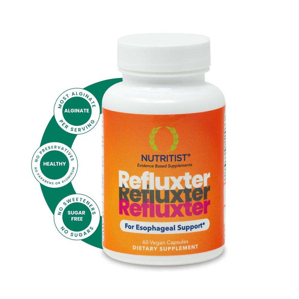 Nutritist Refluxter Sodium Alginate Capsules Natural Acid Reflux & GERD Relief Supplement. Supports LPR, Silent Reflux, Heartburn, Indigestion. Alginate Therapy. Alginato de Sodio. Made in USA