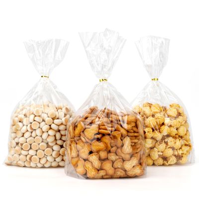 Cellophane Bags, 50 Pcs Bottom Gusset Bags, 6''x9" Cellophane Treat Bags, Clear Gift Bag Plastic Cello Candy Popcorn Bag with Ties for Valentines Wedding Party Favors Gift Bakery Wrapping Food Storage
