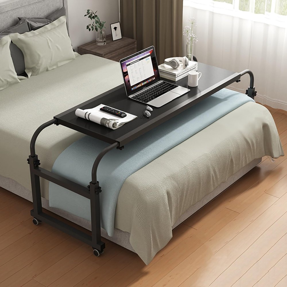 YVYKFZD Overbed Table with Wheels, Bedside Table Adjustable Height and Length, Standing Over Bed Table, Rolling Medical Over Bed Desk for Full/Queen/King Beds (Color : Black, Size : 140cm/55.1in)