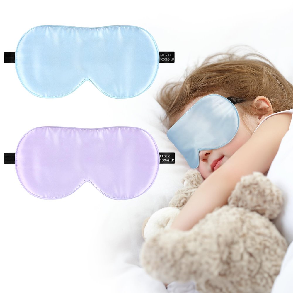 Silk Sleep Eye Mask for Kids, 100% Real Natural Pure Silk Sleeping Masks, Blindfold Sleep Eye Cover with Adjustable Strap, Soft & Lightweight Night Eyeshade for Boys Girls Teens (2 Pack)
