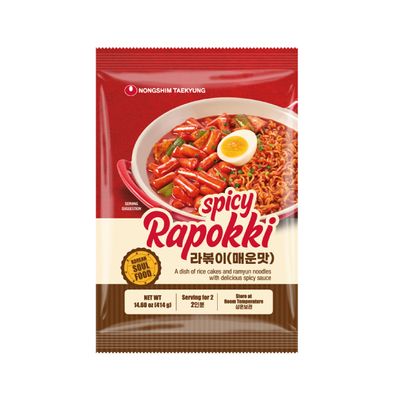 NONGSHIM TAEKYUNG Rapokki (Hot, 14oz) - Authentic Korean Street Food, Ramen Noodles with Rice Cakes. Quick & Easy to Prepare, Ready in 4 Mins.