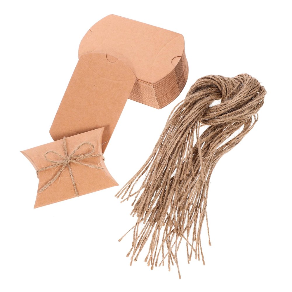 COOLHIYA 50pcs Paper Pillow Boxes Rustic Candy Packaging with Ropes Versatile Wrapping Boxes for Weddings Birthdays and Parties Sturdy and Lightweight Design