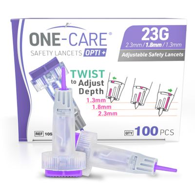 ONE-CARE Opti+ Safety Lancets, 23G, Adjustable 1.3-2.3mm, 100 Count