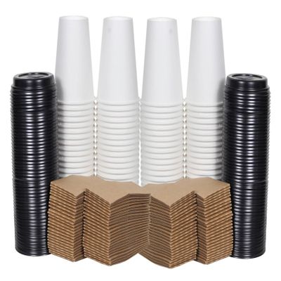 MULMEH New Disposable Paper Coffee Hot Cups, Black Travel Sip Lids and Insulated Holder Sleeves (100, 12 oz.)