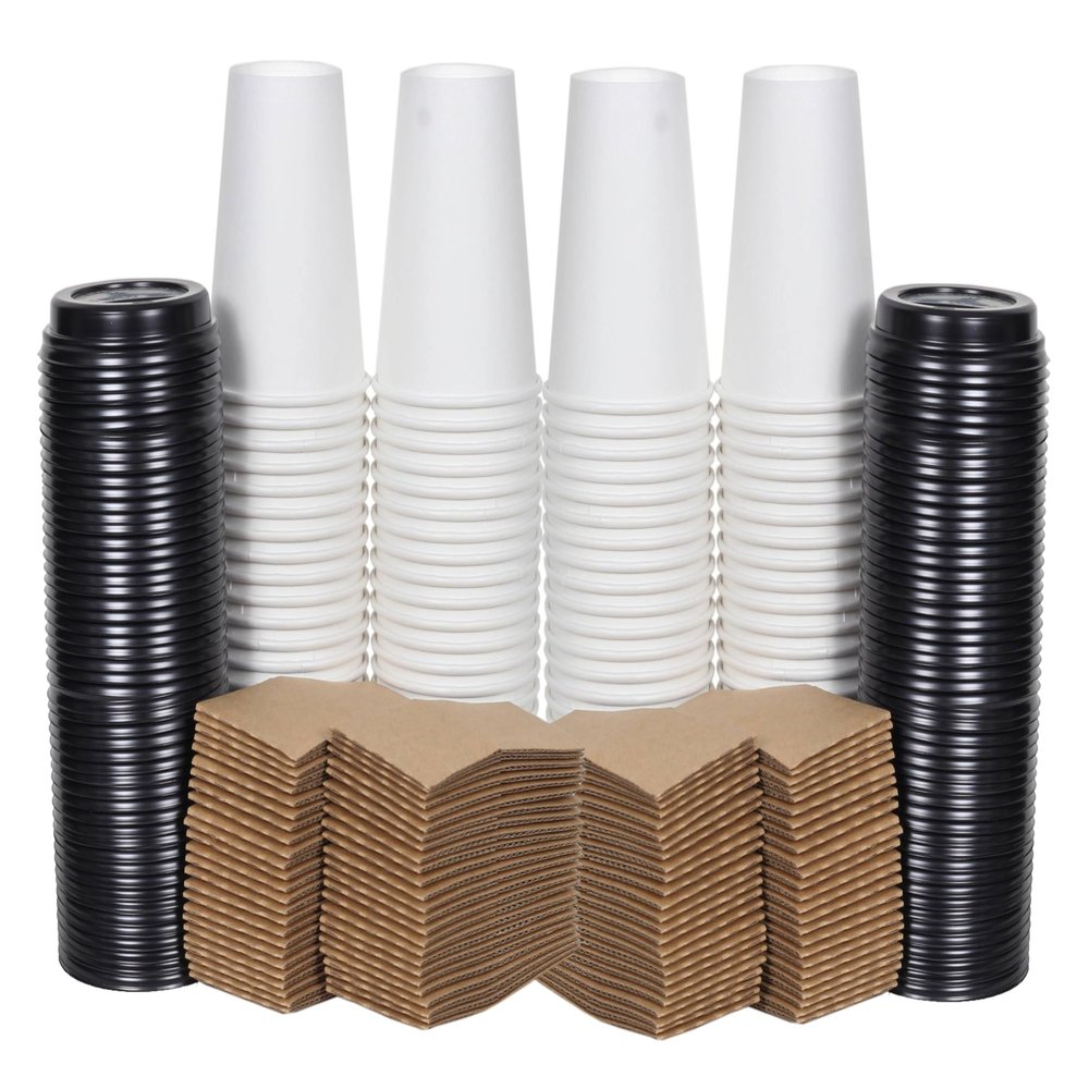 MULMEH New Disposable Paper Coffee Hot Cups, Black Travel Sip Lids and Insulated Holder Sleeves (100, 12 oz.)