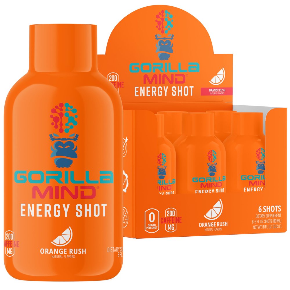 Gorilla Mind Gorilla Mode Energy Shots (6-Pack) - Energy Shots for Enhanced Focus & Energy, Sugar-Free, Fast-Acting, Potent Formula with Vitamins & Natural Extracts (Orange Rush)