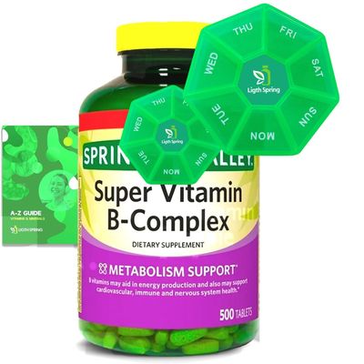 Light Spring Super B-Complex Capsules Vitamins B6, B12, C, Thiamine & Biotin Gluten-Free Complete Dietary Supplement with Light&Spring Guide + Exclusive Pill Organizer