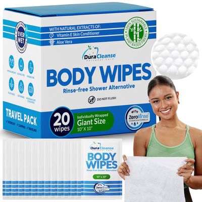 Body Wipes for Adults Bathing No Rinse - 20 Count Travel Shower Wipes - 10 x 11.5" Individually Wrapped Thick Cleansing Waterless Wash Scrubs - Disposable Washcloths for Camping & Elderly Incontinence
