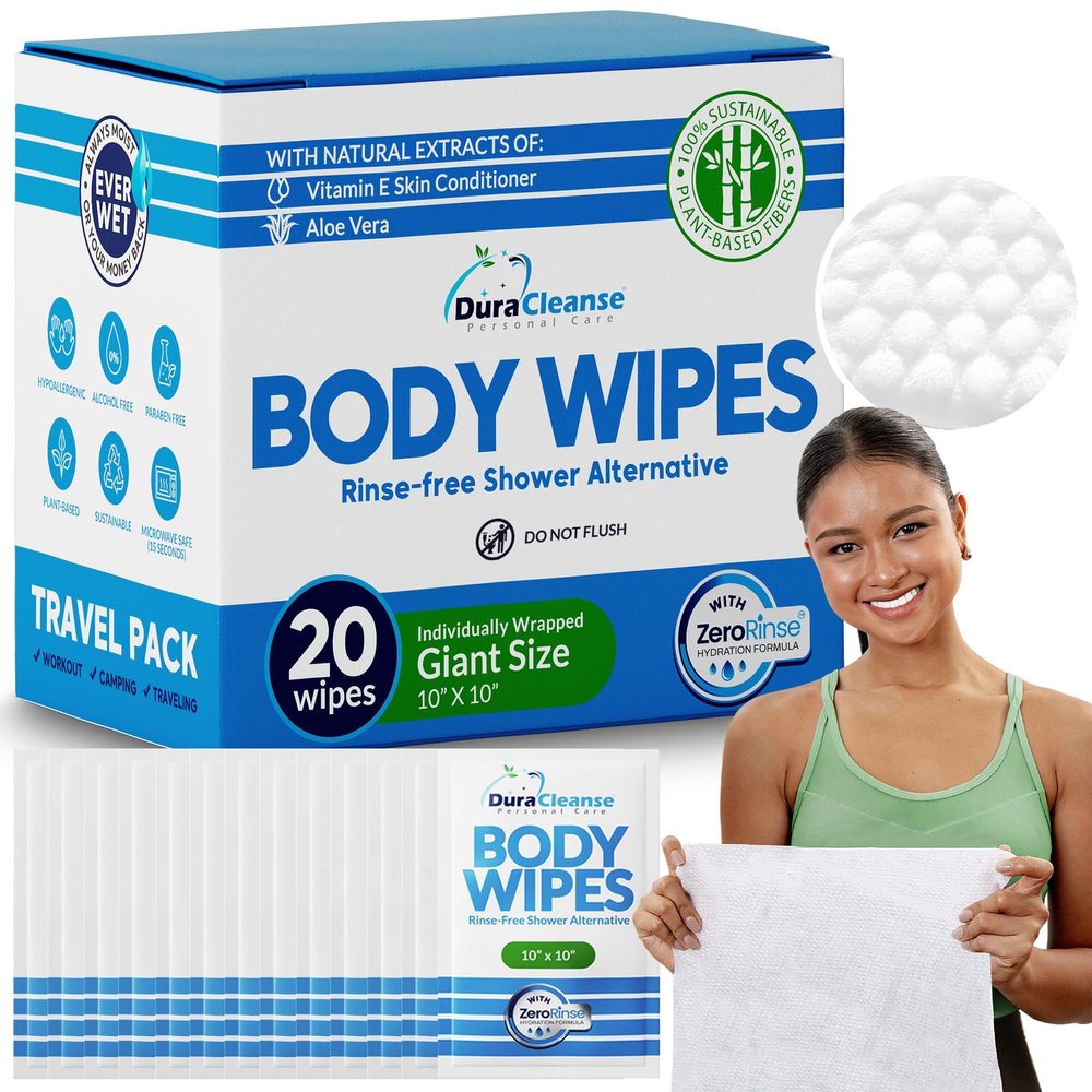 Body Wipes for Adults Bathing No Rinse - 20 Count Travel Shower Wipes - 10 x 11.5" Individually Wrapped Thick Cleansing Waterless Wash Scrubs - Disposable Washcloths for Camping & Elderly Incontinence