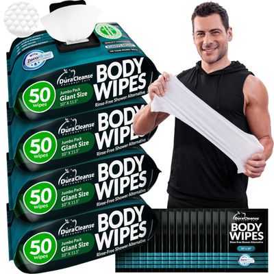 After Gym Body Wipes for Men (4pk) - 200 XL No Rinse Shower Wipes + 16 Travel Bath Sheets 10 x 11.5" - Mens Deodorant Disposable Washcloths for Bathing, Camping Essentials, Survival Gear and Supplies