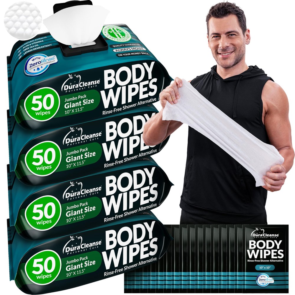 After Gym Body Wipes for Men (4pk) - 200 XL No Rinse Shower Wipes + 16 Travel Bath Sheets 10 x 11.5" - Mens Deodorant Disposable Washcloths for Bathing, Camping Essentials, Survival Gear and Supplies