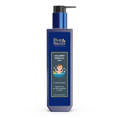 Blue Nectar Baby Wash for Bath with Organic Ghee | Gentle Cleanser Body Wash for Kids | Top to Toe Wash for Baby with Natural Moisturizer (6.76 Fl Oz, 9 Herbs)