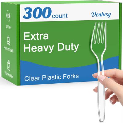 Dealusy 300 Count Extra Heavy Duty Clear Plastic Forks Disposable, BPA-Free, Heat Resistant, Solid and Durable Disposable Forks Bulk, Premium Plastic Forks heavy duty for Party Supply