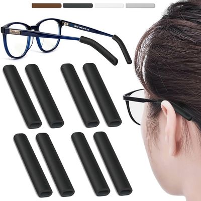 4 Pairs Silicone Glasses Ear Cushion, Eye Glasses Ear Grippers Anti Slip, Rubber Ear Pieces Non Slip, Soft Eyeglass Ear Cushions for Pain, Temple Sleeves Tips Ear Pads for Preventer (Black)